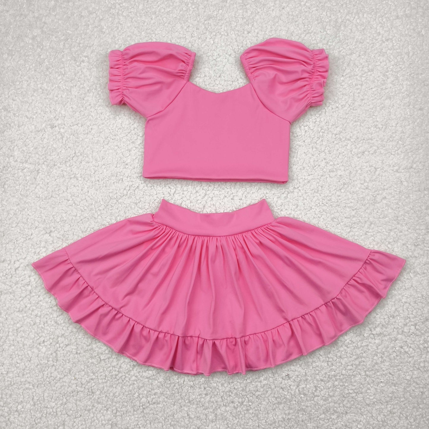 solid pink two pieces ruffle athletic skort dress yoga set