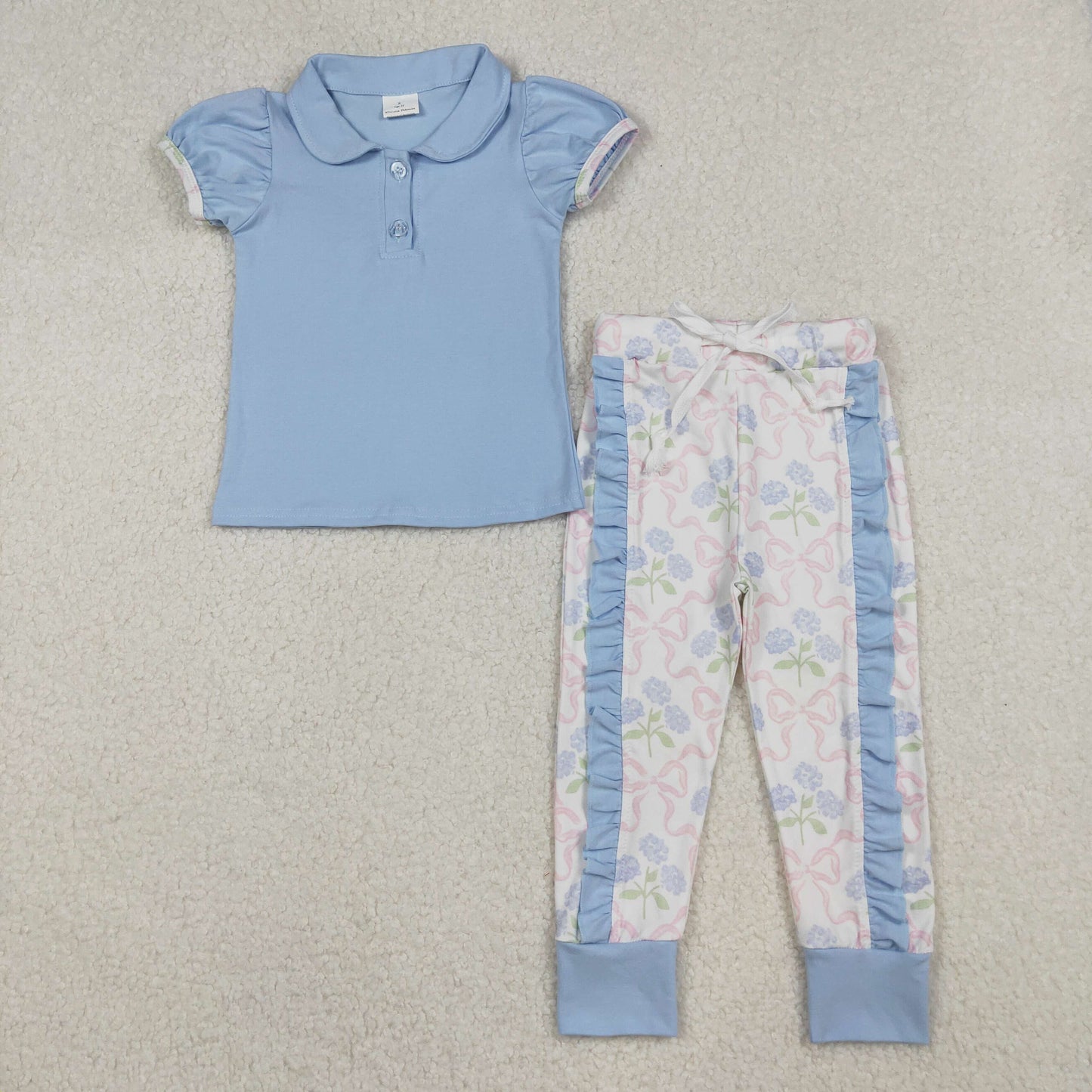 short sleeve blue polo top floral ruffle pants set