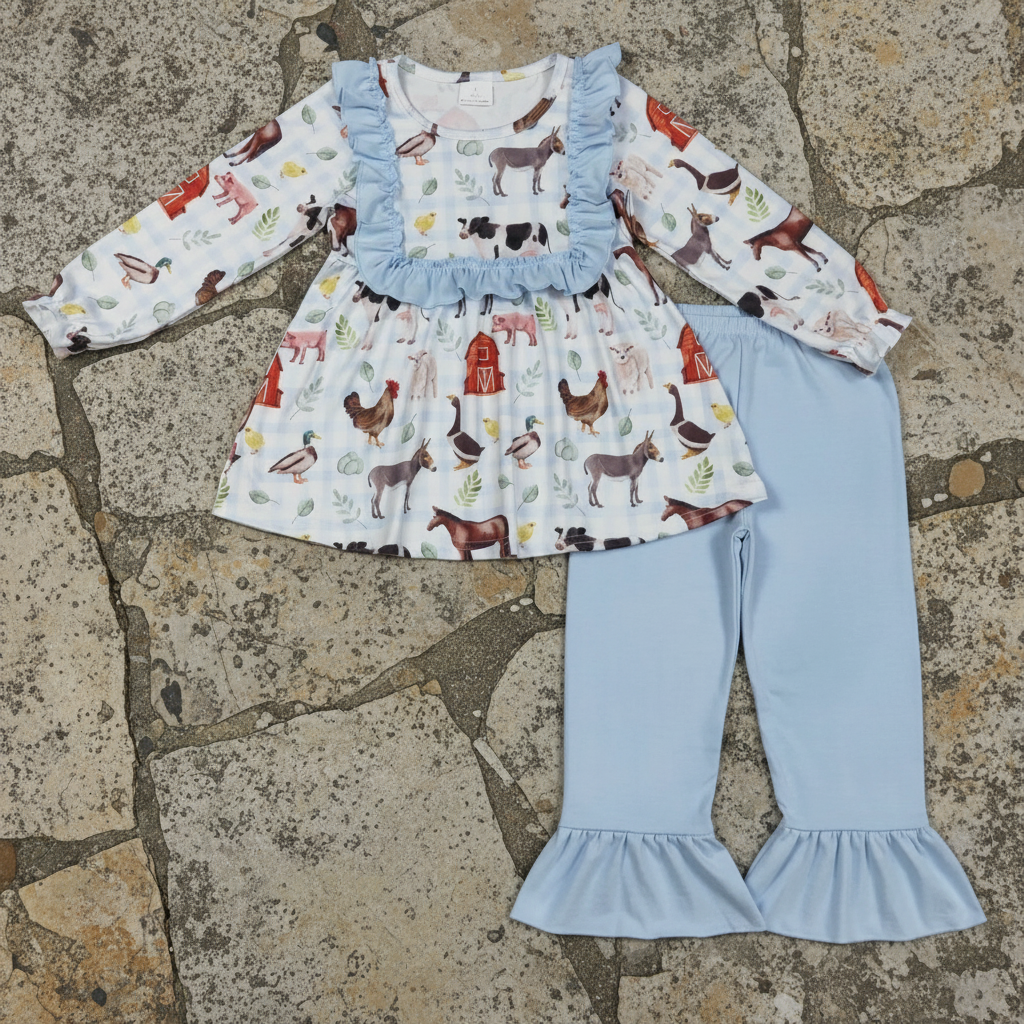 farm animal blue pants set fall girls outfit