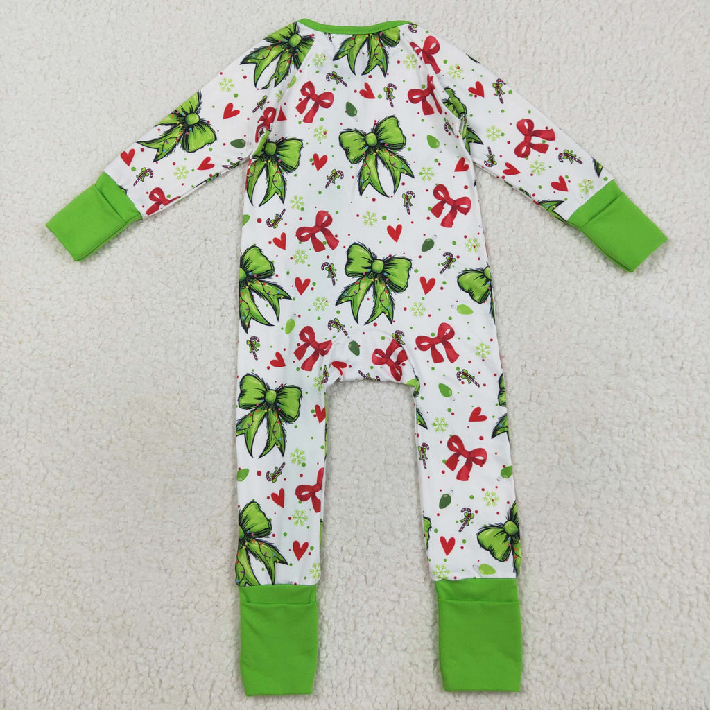 green red bow Christmas ruffle girl zip sleeper