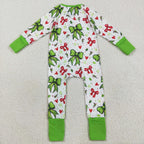 green red bow Christmas ruffle girl zip sleeper