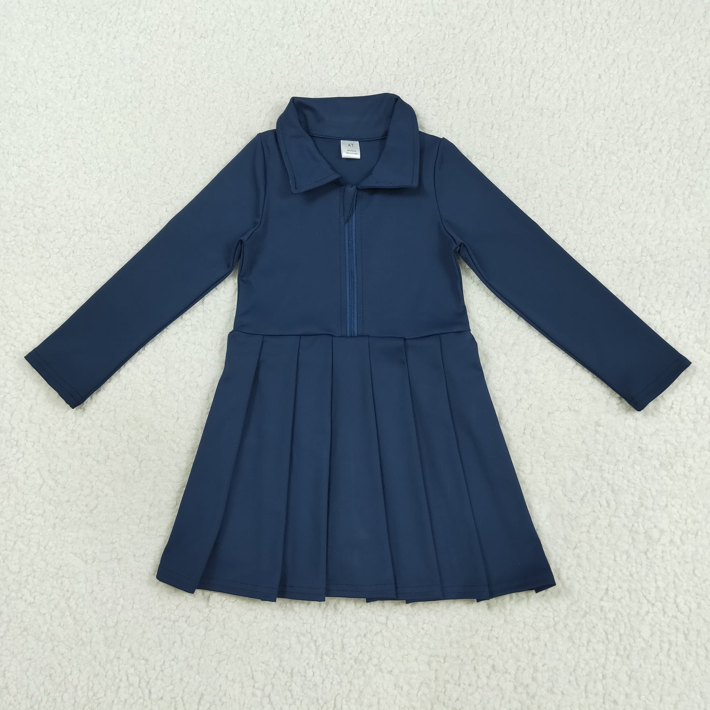 Long sleeves navy blue solid zipper pleated dress
