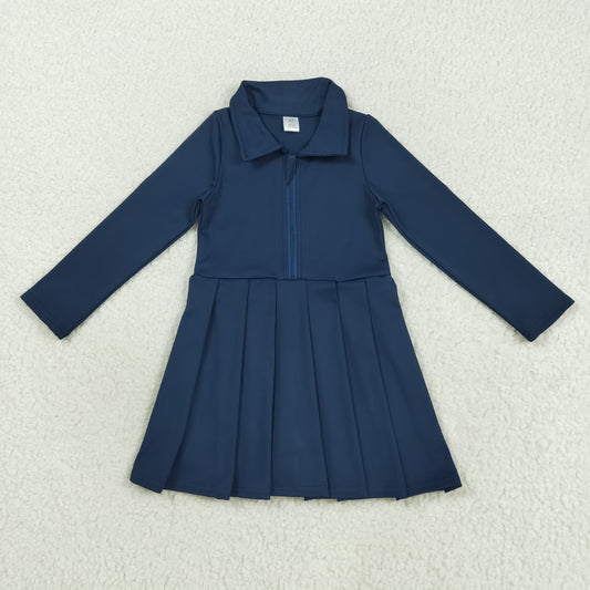 Long sleeves navy blue solid zipper pleated dress