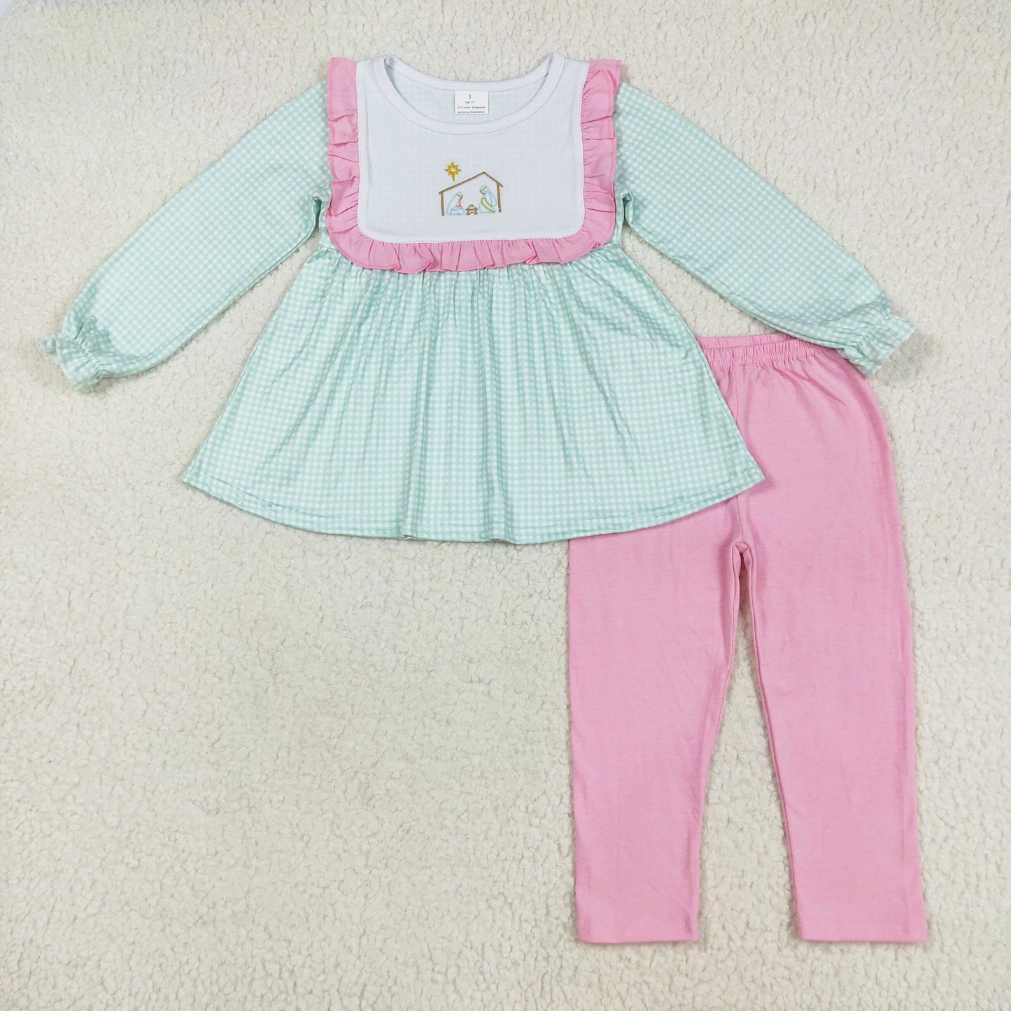 gingham nativity embroidery pink legging set