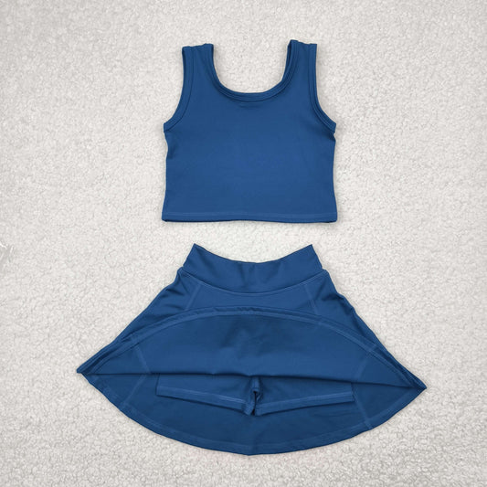 solid navy blue two pieces athletic skort dress set
