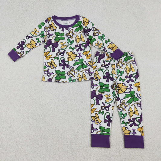 purple green gold bow coquette kids mardi gras pajama set