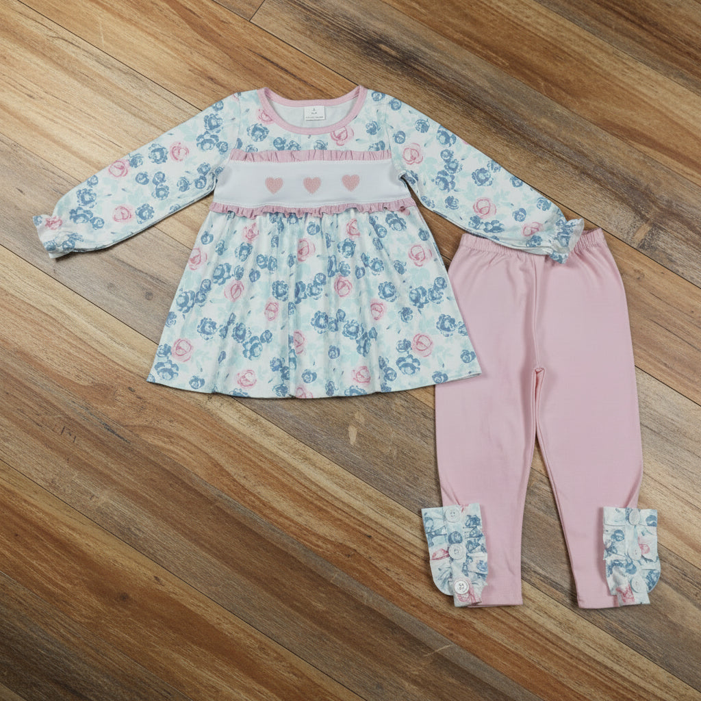pink heart embroidery floral legging set