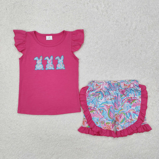 hot pink lilly bunny embroidery ruffle shorts set girl easter clothes