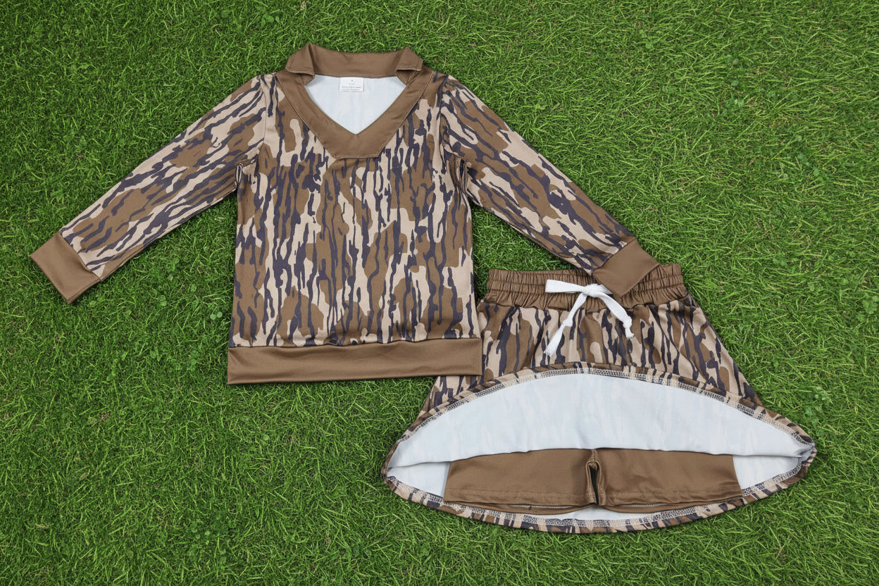 long sleeve camo pullover skort set outfit