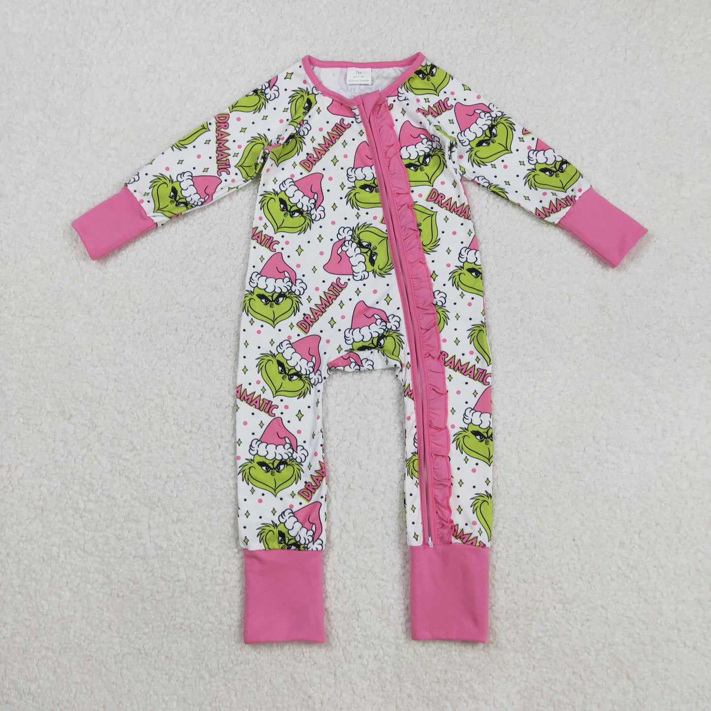 Christmas dramatic gri*ch pink ruffle zipper sleeper
