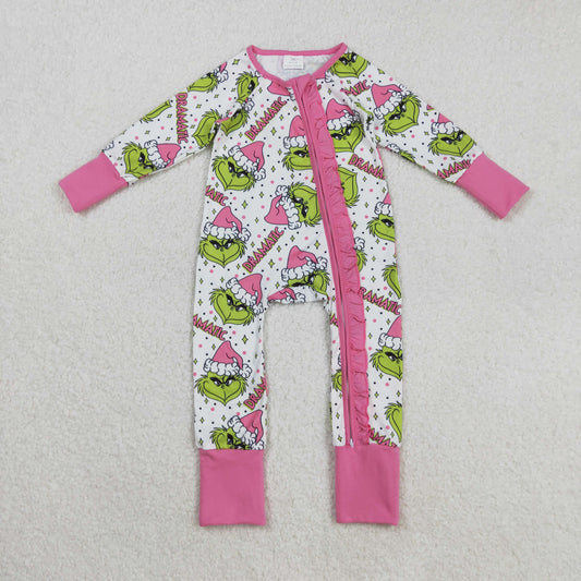 Christmas dramatic gri*ch pink ruffle zipper sleeper