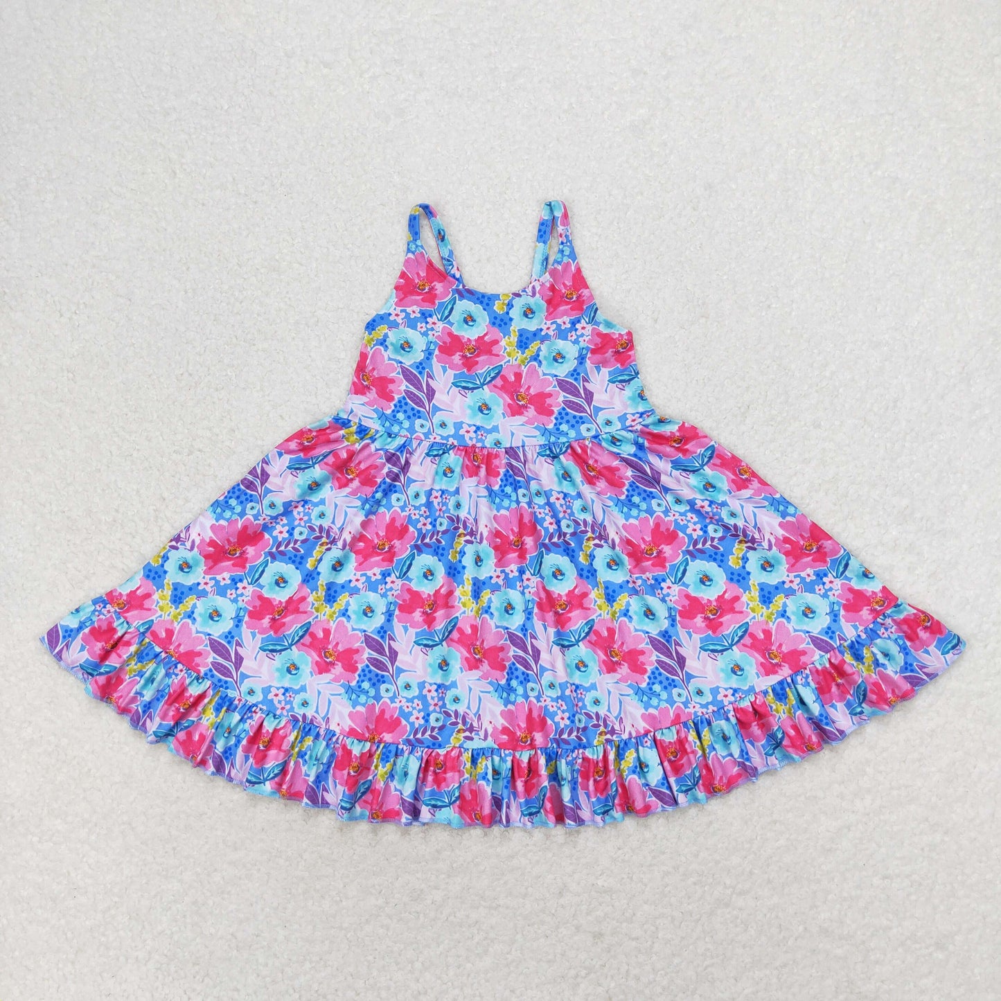 blue pink colorful flower print strap twirl dress