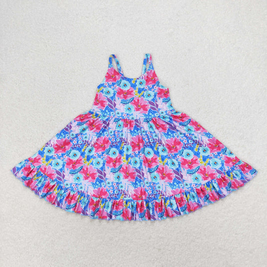 blue pink colorful flower print strap twirl dress