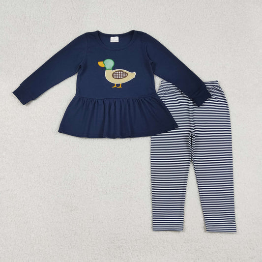 navy blue duck embroidery stripes legging set