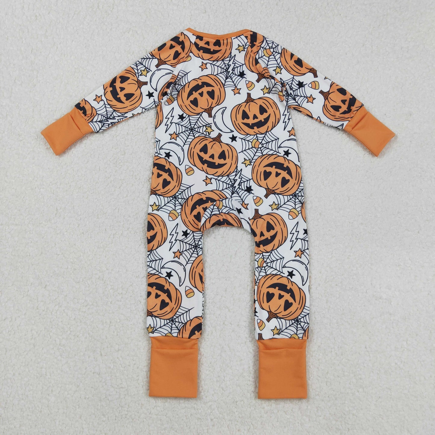 orange Halloween pumpkin spiderwebs zip sleeper