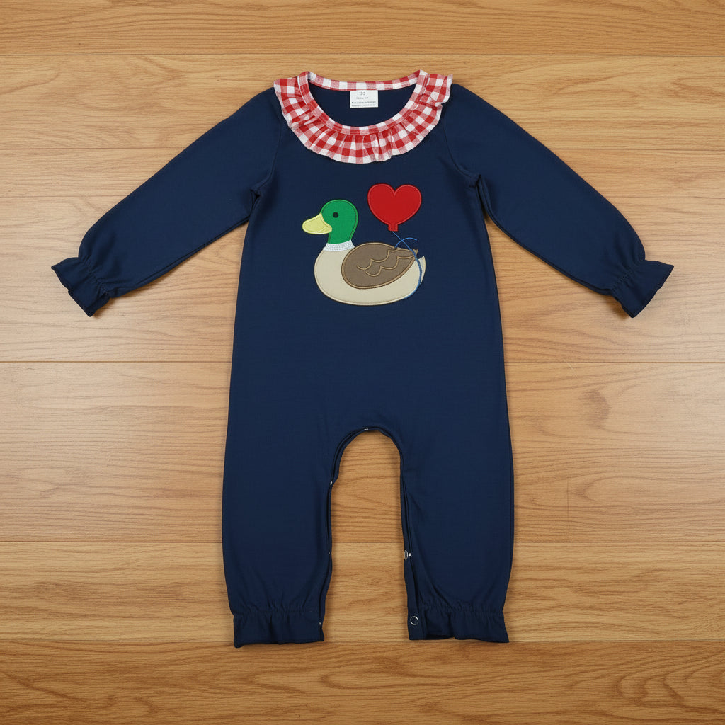 girl valentine duck embroidered navy romper