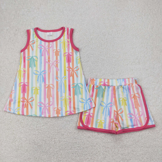 colorful striped bow tank top shorts set