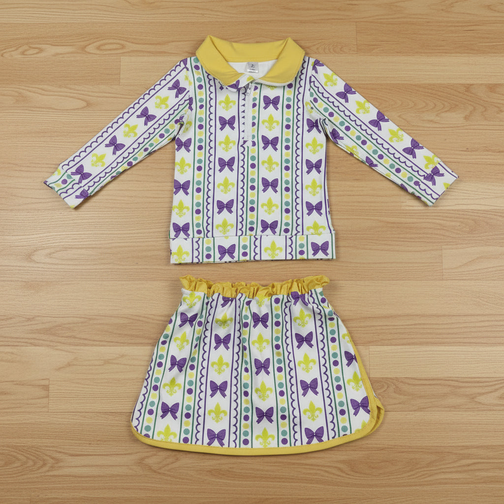 mardi gras bow saint athletic zip pullover skort set outfit