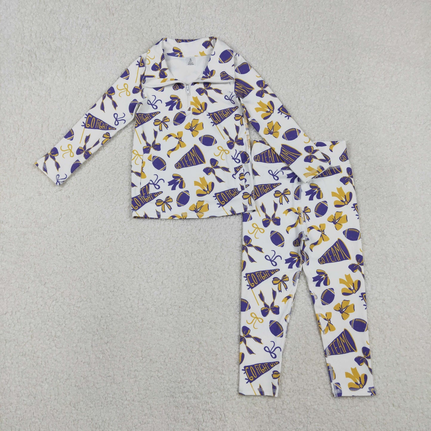 go team fight win football purple bows zipper two piece activewear