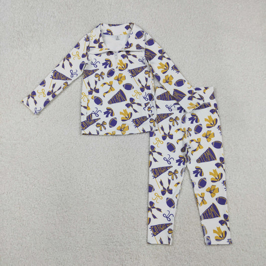 go team fight win football purple bows zipper two piece activewear
