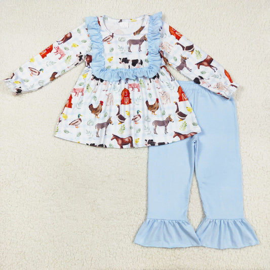 farm animal blue pants set fall girls outfit