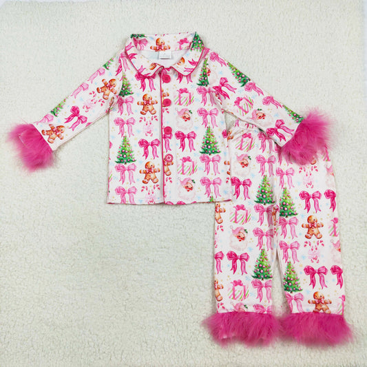 pink santa bow gingerbread fur button down pajama set