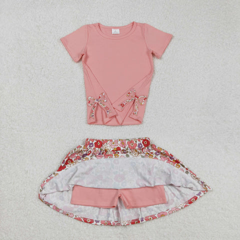 embroidery pink tee floral skort 2pc set