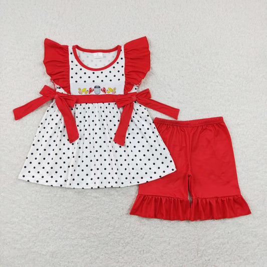red crawfish boil embroidery girl shorts set