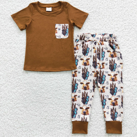 boys clothing brown highland cow short sleeve outfit pants set