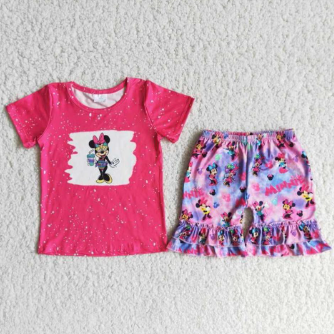 hot pink cartoon mouse ruffle shorts set