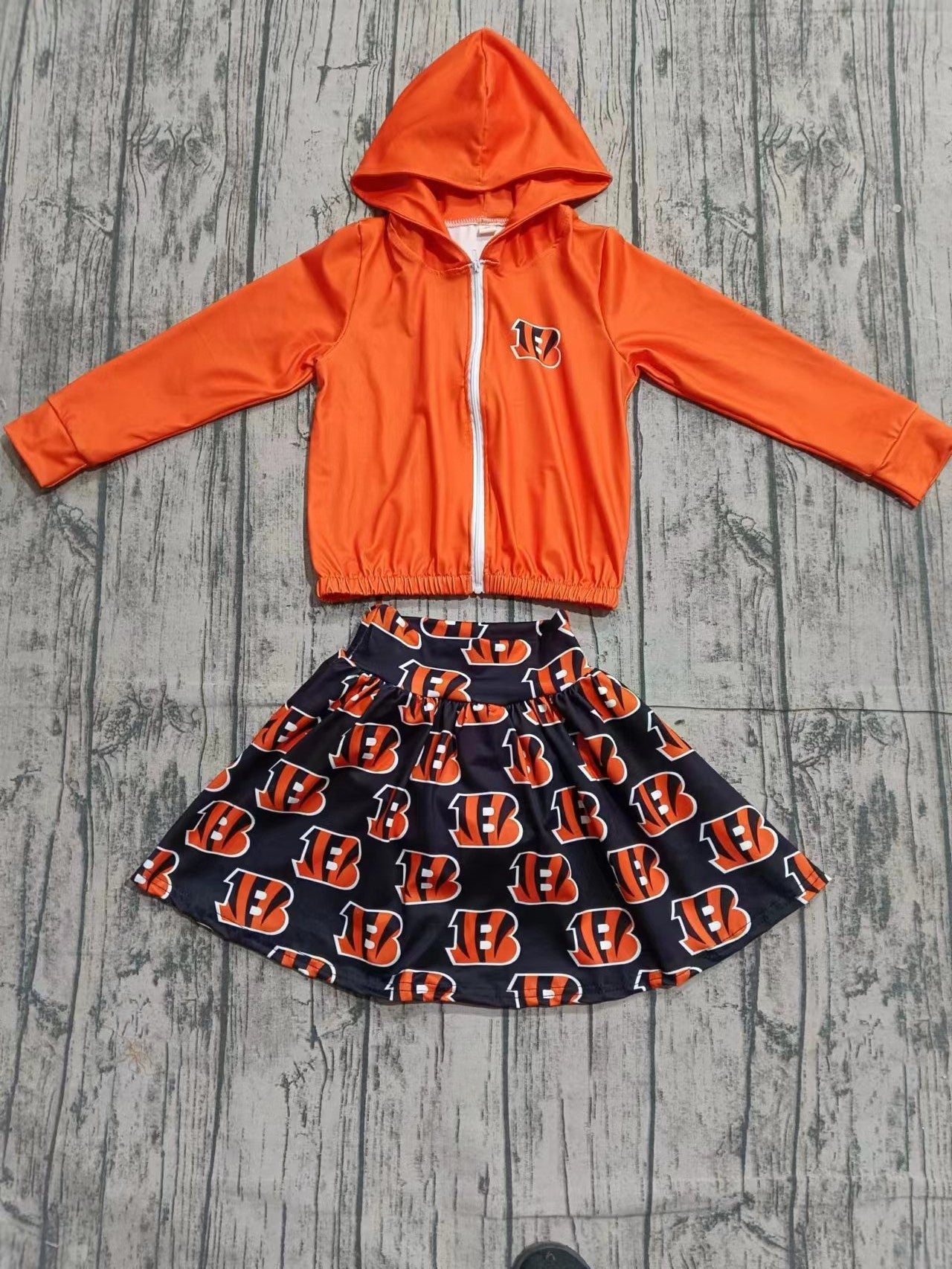 MOQ 3 football B orange hooded coat skirt girls set