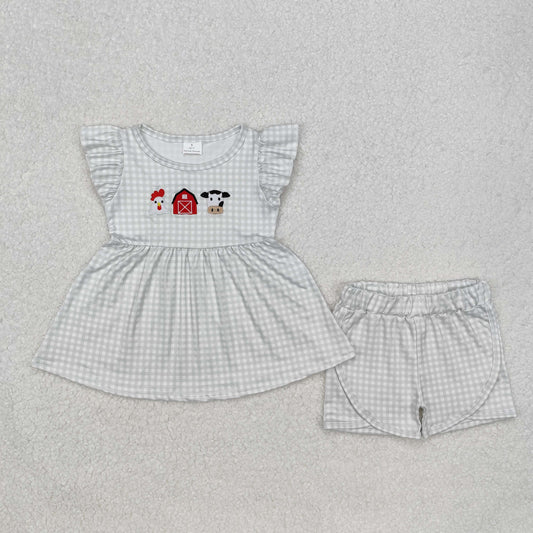 plaid embroidery farm shorts set girl