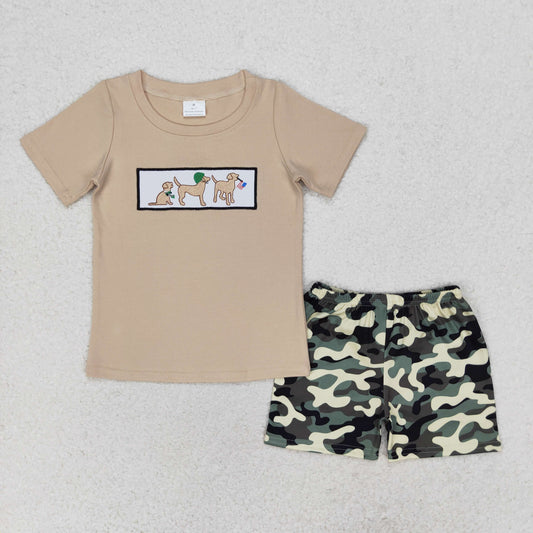 dog embroidery camo shorts set boy