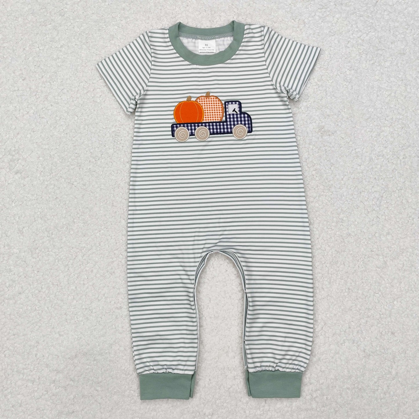 green stripes embroidered pumpkin truck boys romper