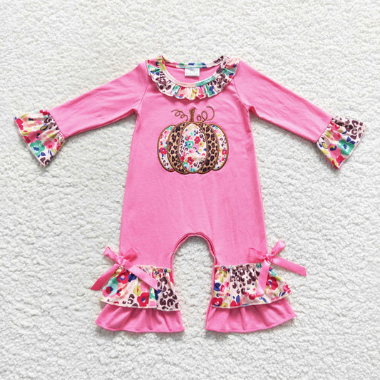 baby girl pink pumpkin embroidery ruffle romper