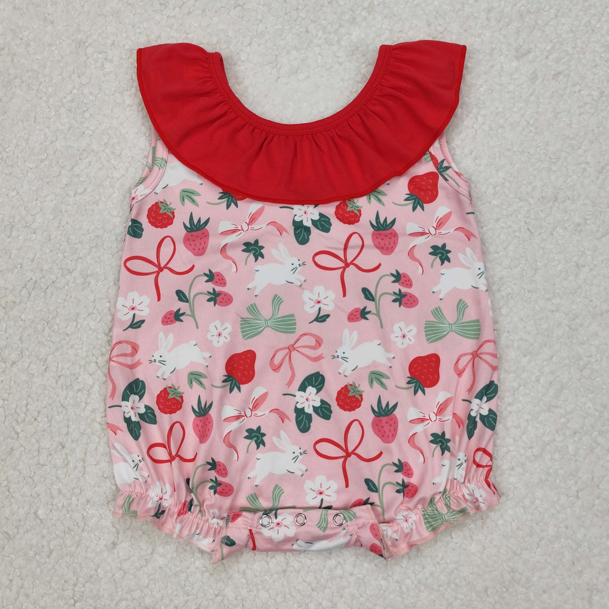 red bow strawberry rabbit print baby girl easter bubble