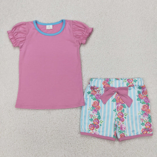 solid pink top stripe floral shorts set