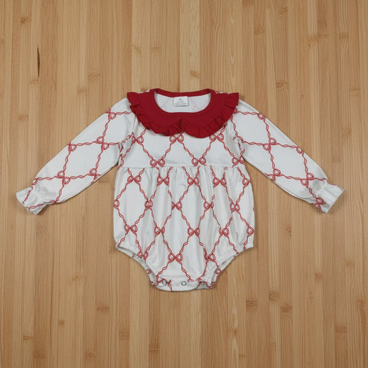 long sleeve red bow ribbon girl romper