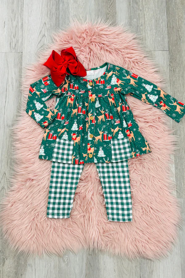 green reindeer pants set girls outfit