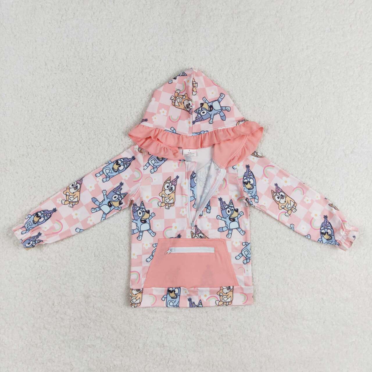 pink checkered blu*y girls zip hoodie top with pocket