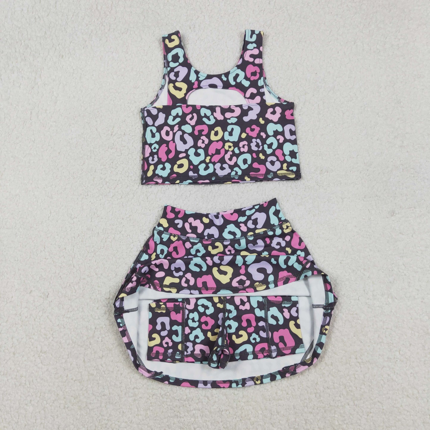 colorful leopard two pieces athletic skort dress set