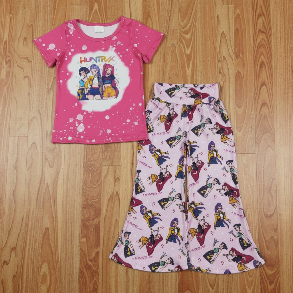 short sleeve kpop bell bottom pants set