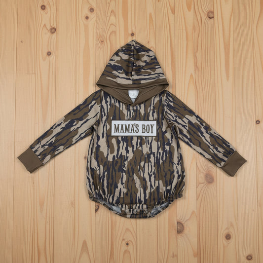 mama's boy embroidery camo hooded romper
