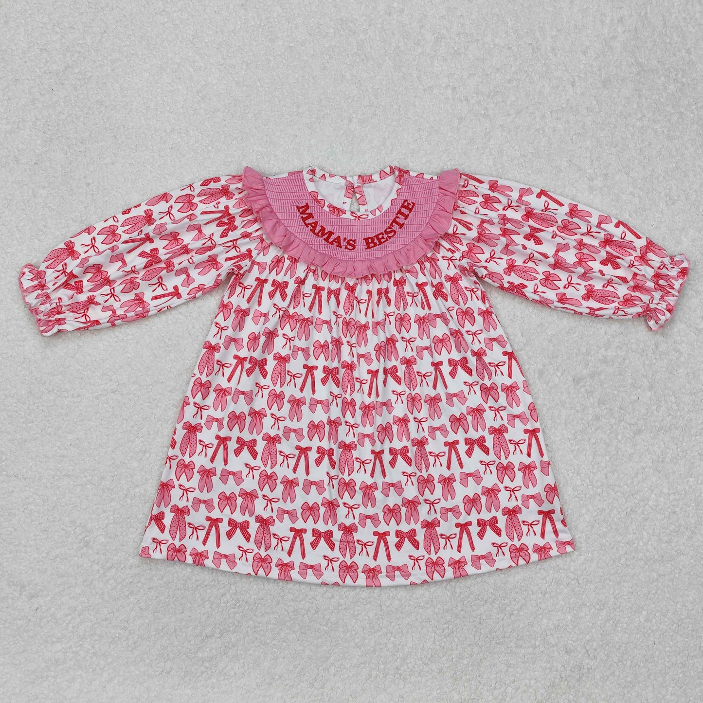 mama's bestie pink bow print embroidered dress