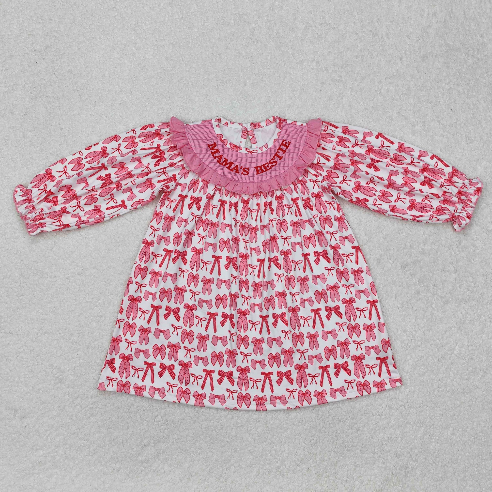 mama's bestie pink bow print embroidered dress
