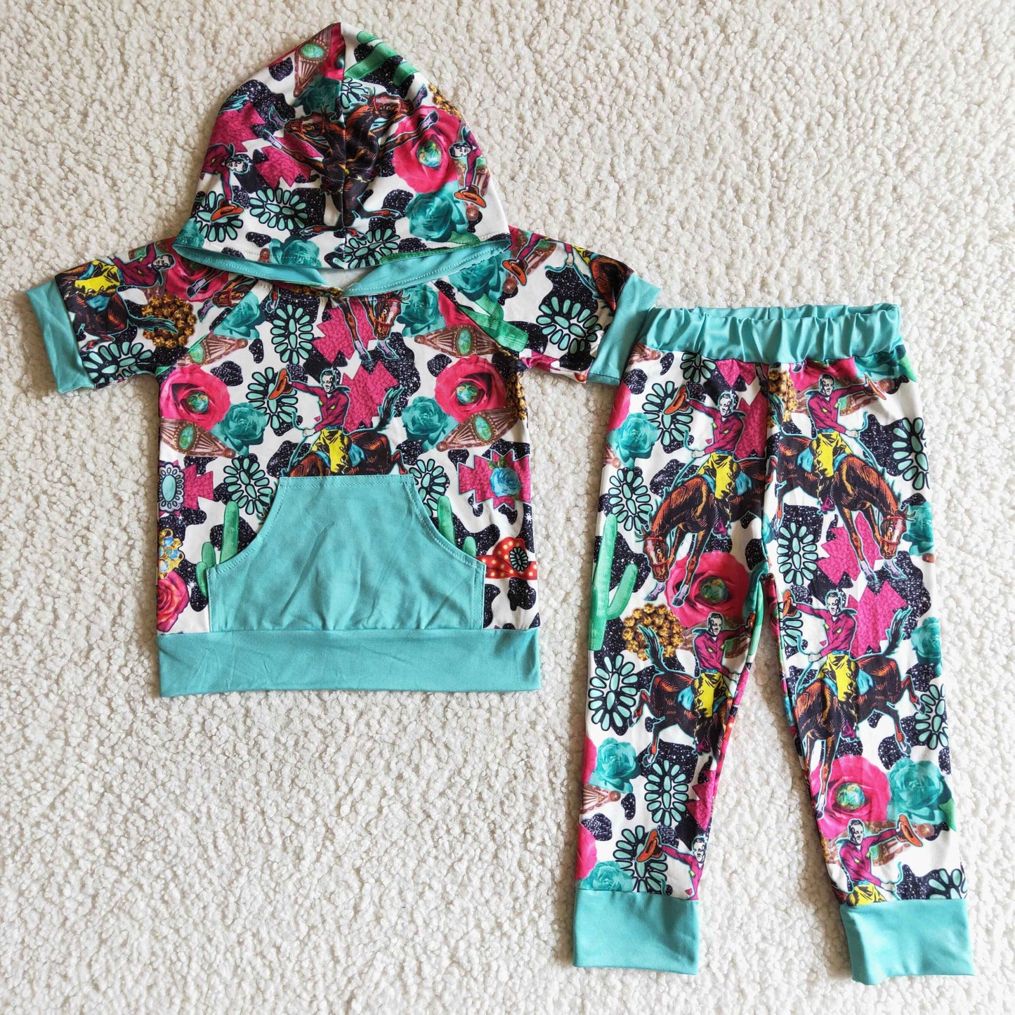 short sleeve turquoise hoodie pants set