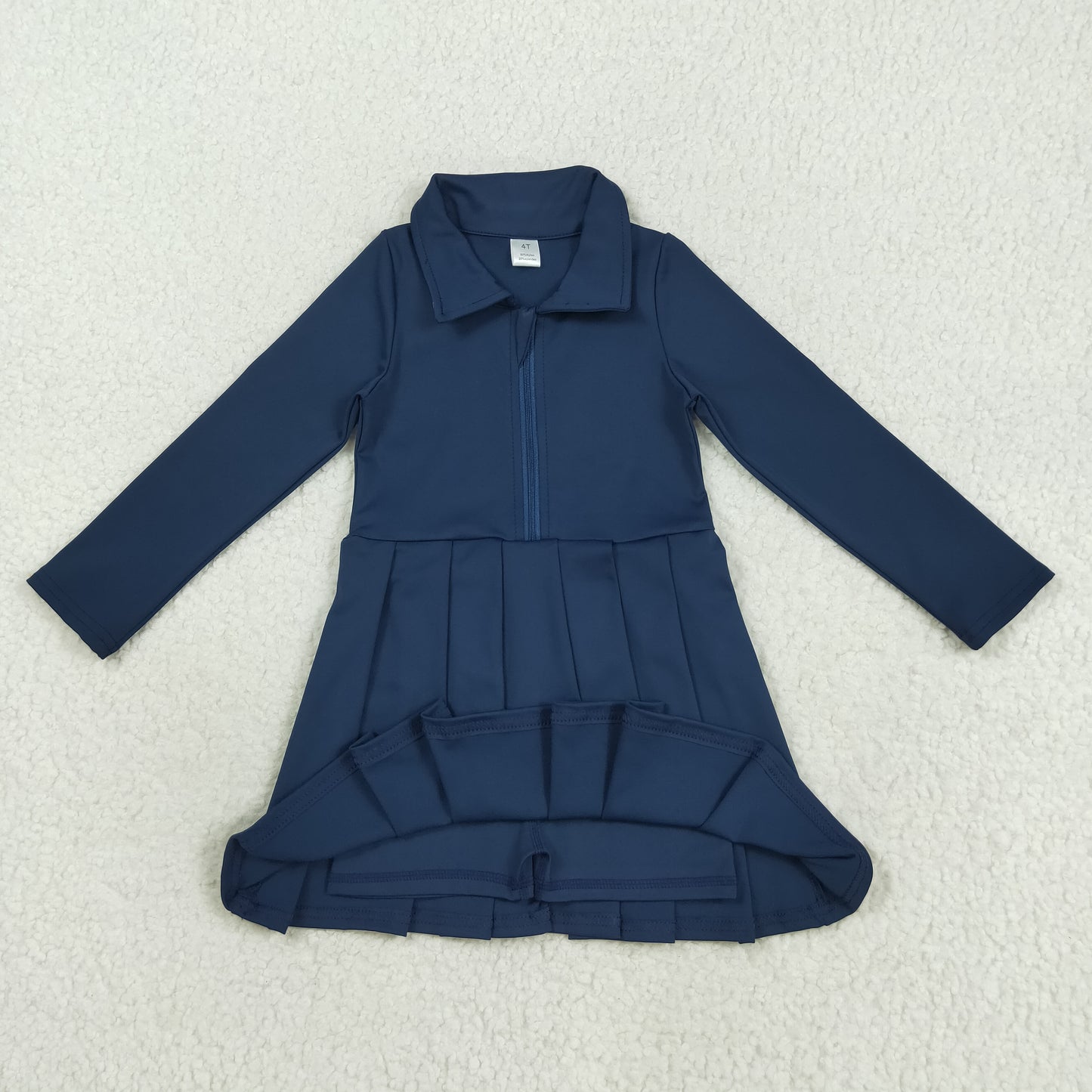 Long sleeves navy blue solid zipper pleated dress