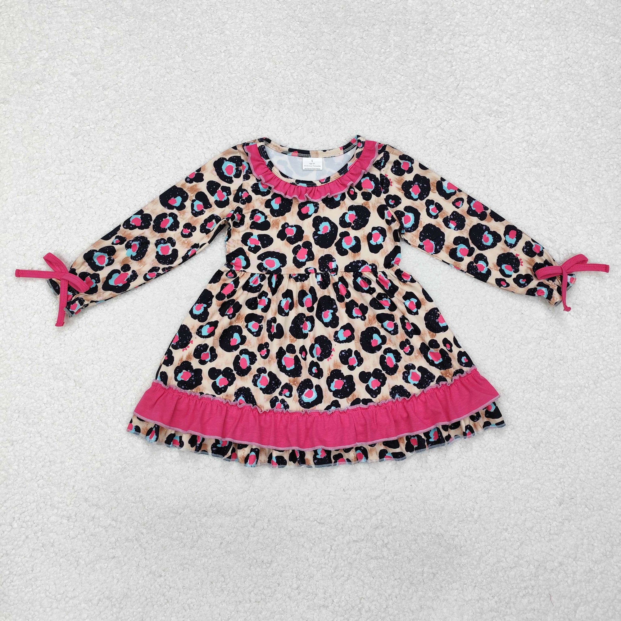 long sleeve pink leopard ruffle dress