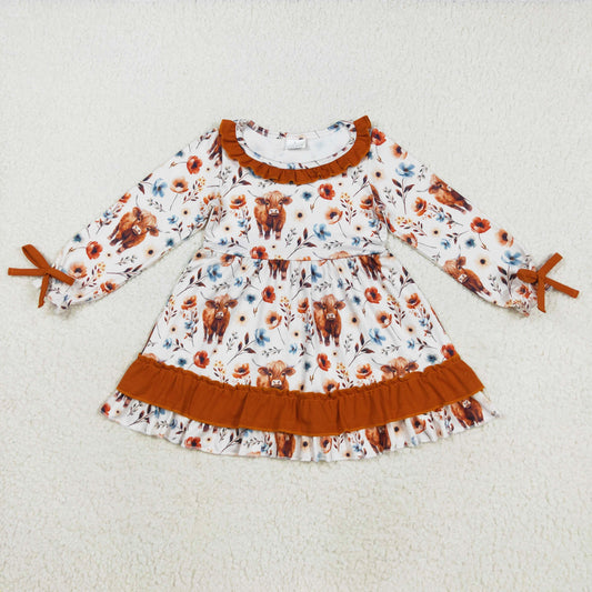 long sleeve brown highland cow floral dress