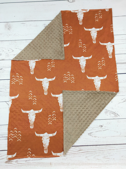 brown cow skull print minky blanket